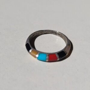 Vintage Zuni Inlay Band Ring Size 7.5 Multi-Color Southwestern Gems Boho
